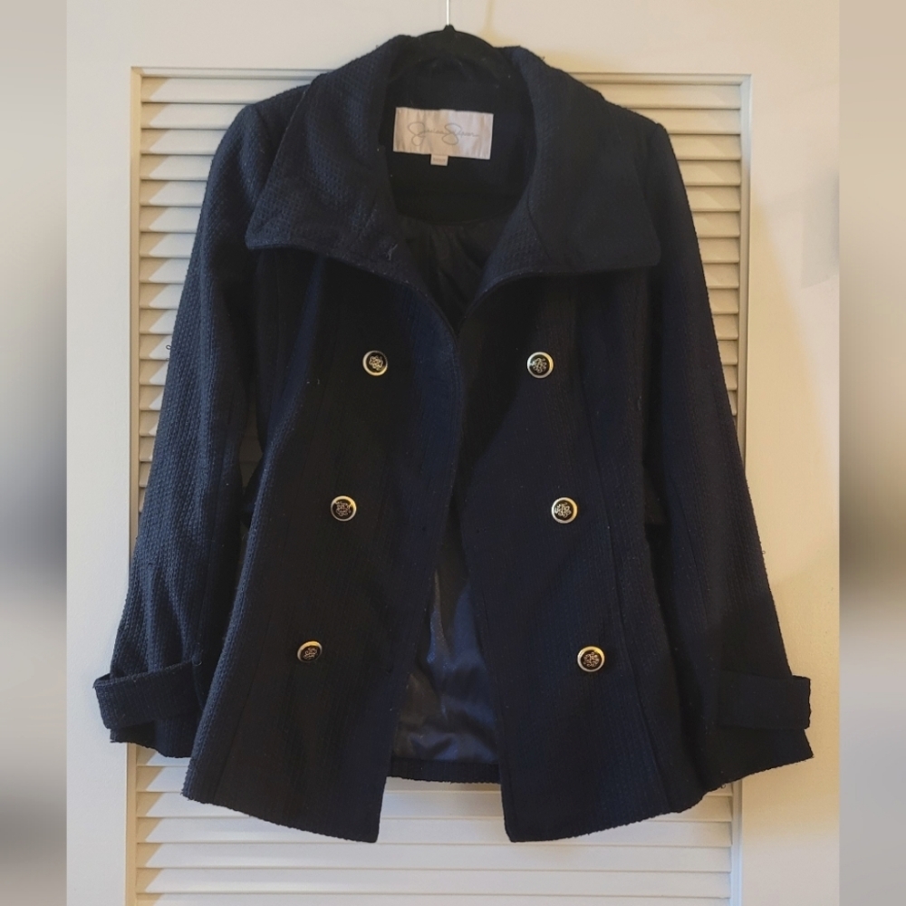 Jessica Simpson - Navy Pea Coat With Gold Buttons & Pockets